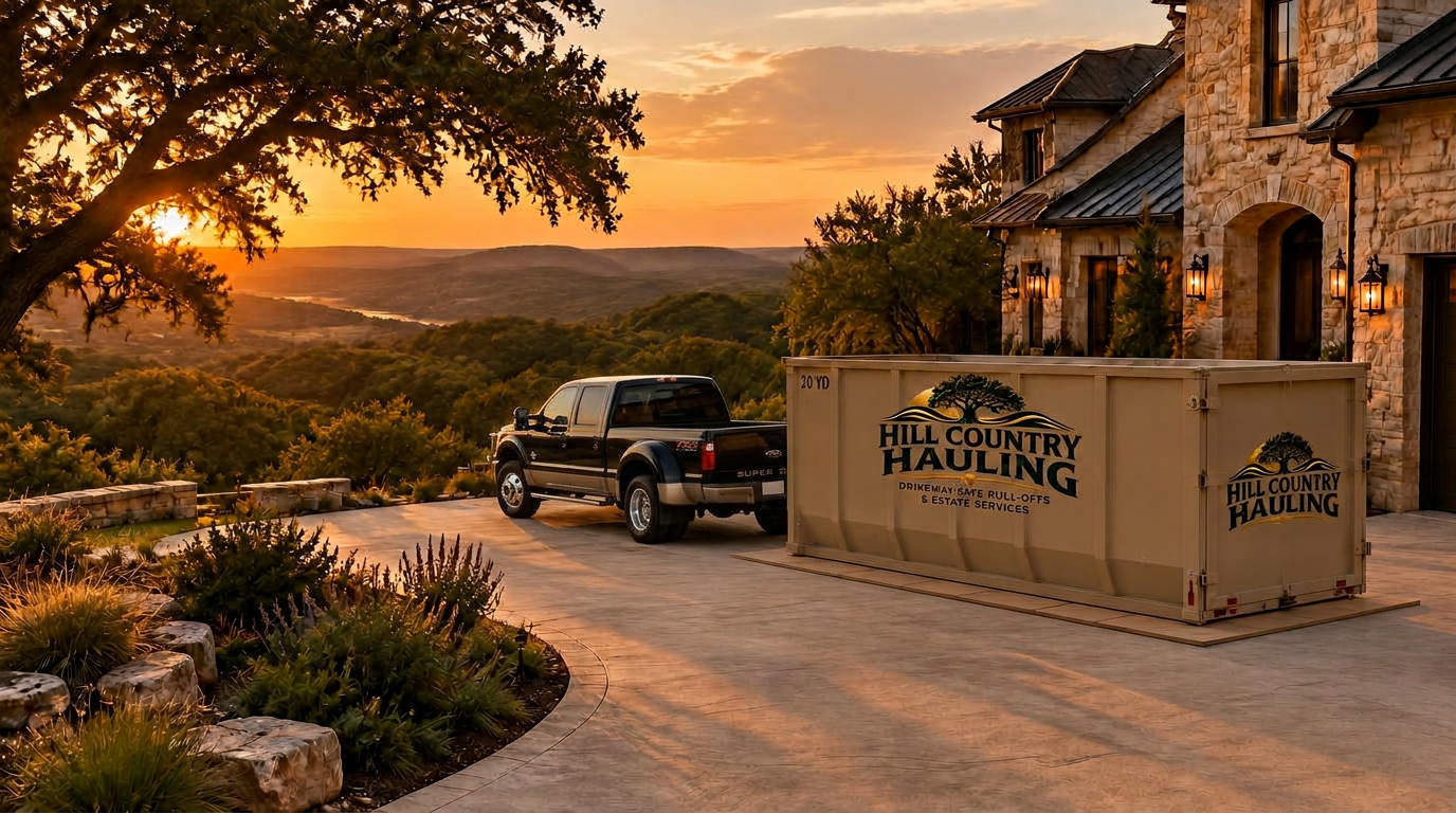 Ford F-350 dually hitched to a driveway-safe roll-off dumpster on protective boards at a Hill Country home